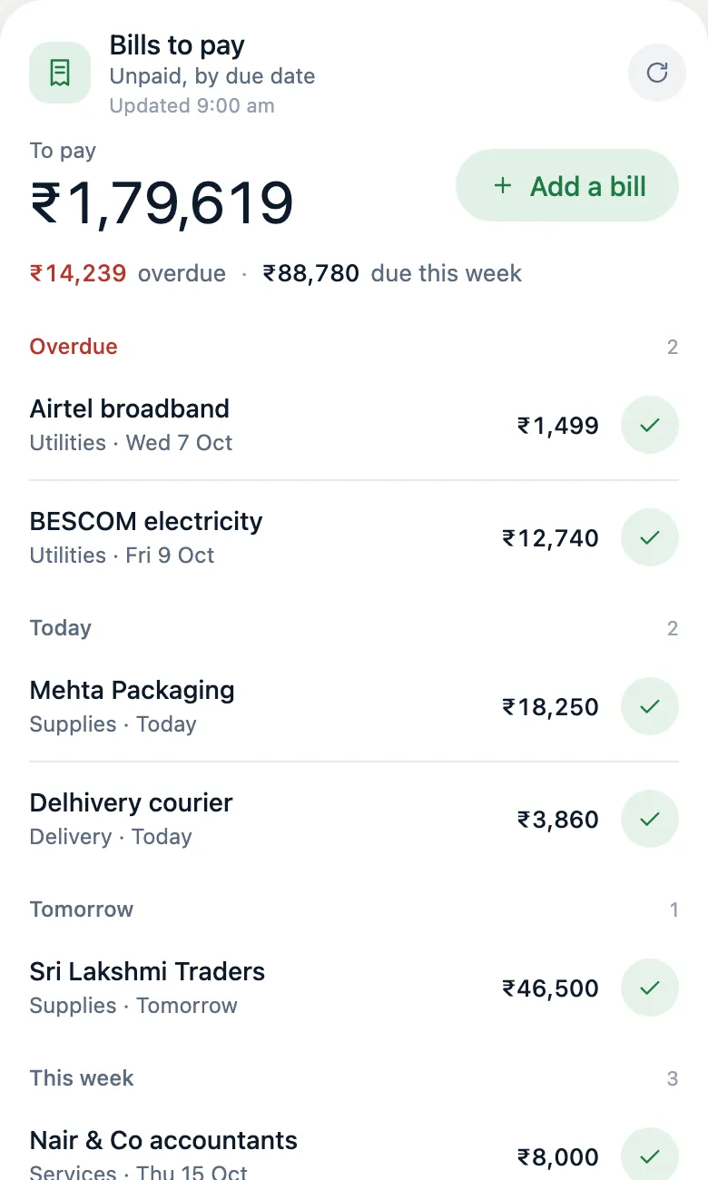A bills widget with bills grouped by due date