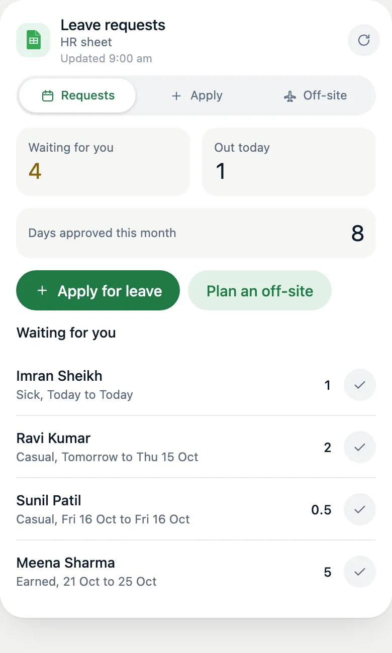 A leave requests widget with requests to approve