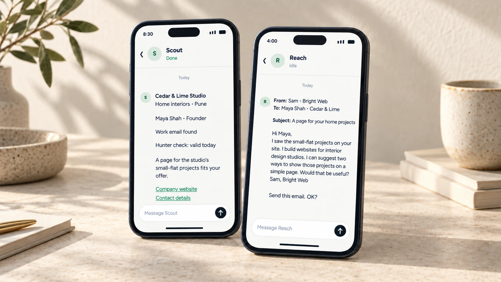 Scout’s lead research and Reach’s outreach email shown on two Autobot phones.